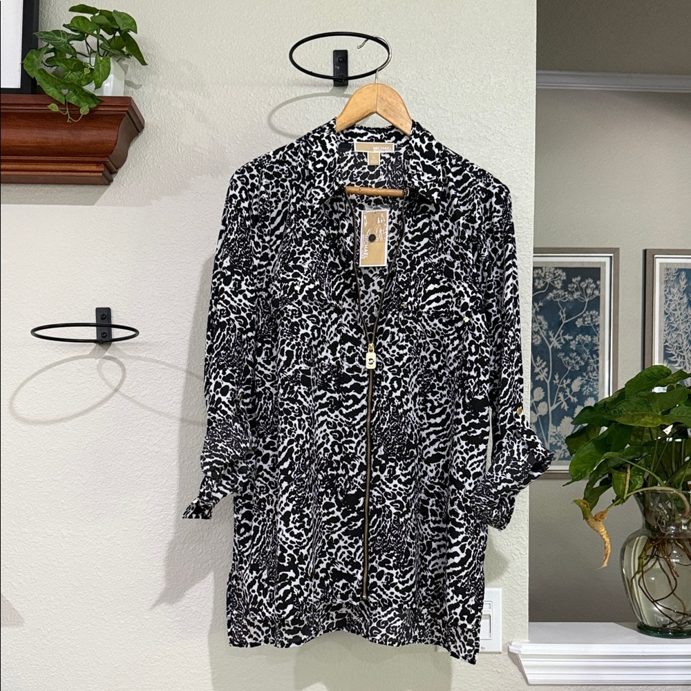 New NWT Michael Kors Monochrome Animal Print zipper shirt tunic Jacket size XL